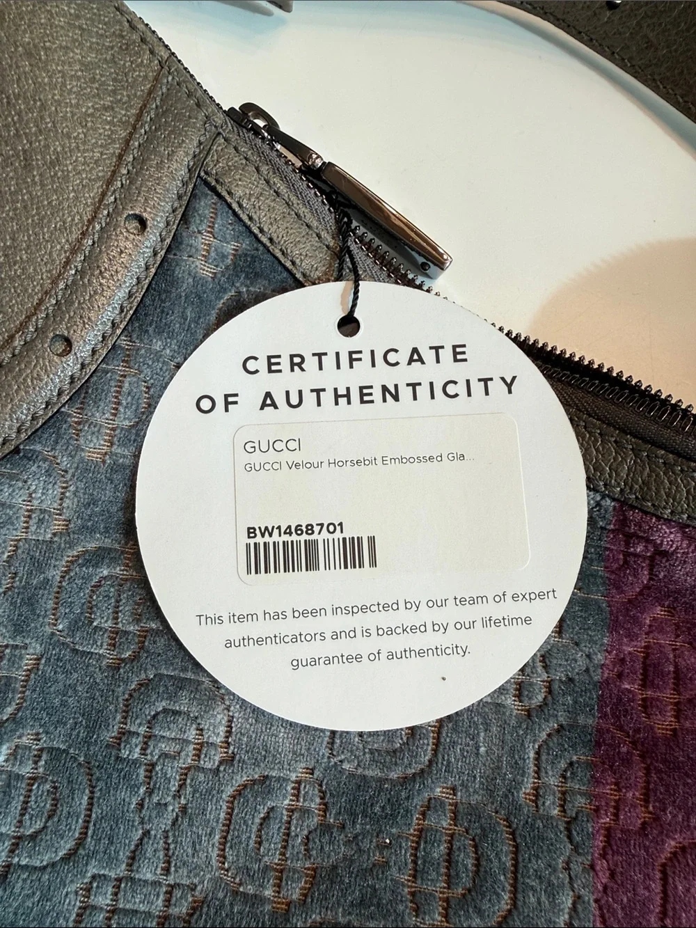 Gucci Gray Hobo Bag with Purple and Cream Center Stripe